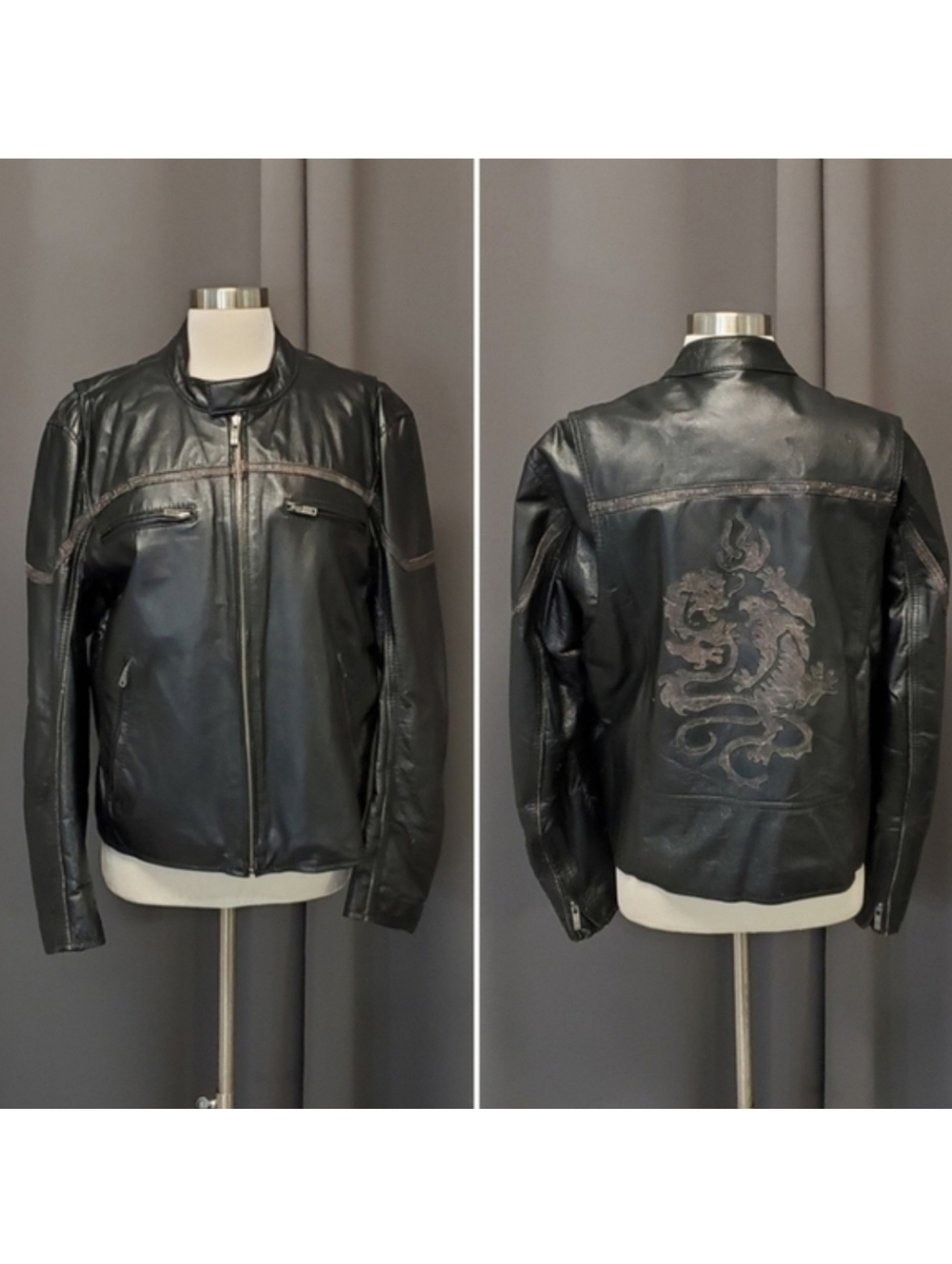 Vintage 90s y2k RARE Black Wilsons Leather Dragon Back Racer Racing Car Coat Md